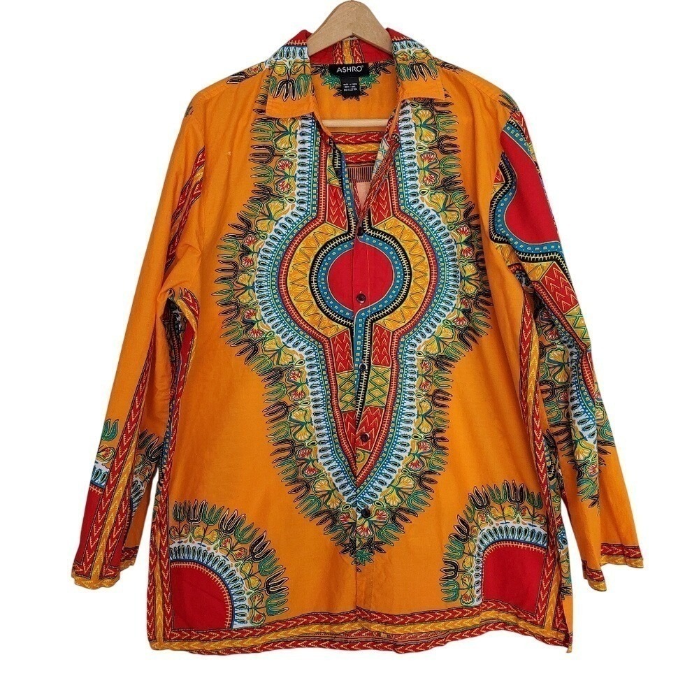 Ashro Mens XXL Orange Dashiki Print Cotton Long Sleeve Button Down Shirt  Ethnic